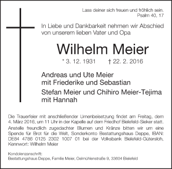 Traueranzeige von Wilhelm Meier von Neue Westfälische