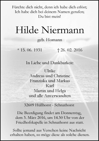 Traueranzeige von Hilde Niermann von Neue Westfälische