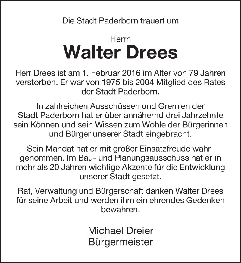  Traueranzeige für Walter Drees vom 04.02.2016 aus Neue Westfälische