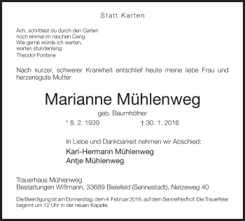 Traueranzeige von Marianne Mühlenweg von Neue Westfälische