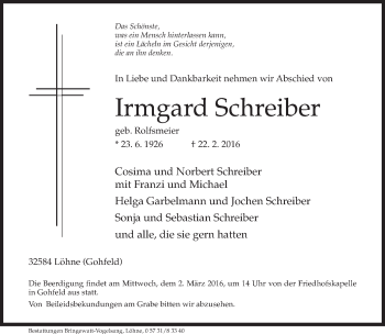 Traueranzeige von Irmgard Schreiber von Neue Westfälische