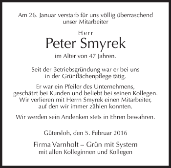 Traueranzeige von Peter Smyrek von Neue Westfälische