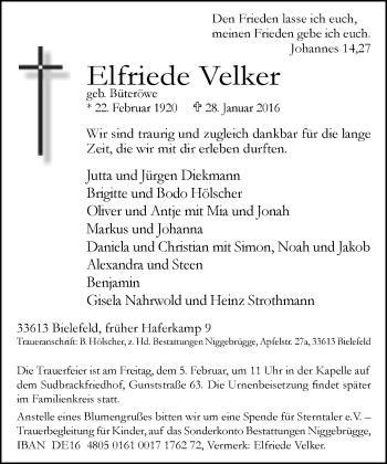 Traueranzeige von Elfriede Velker von Neue Westfälische