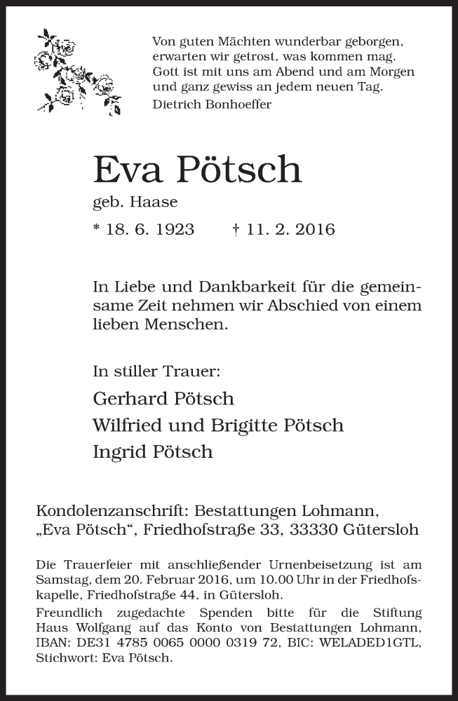  Traueranzeige für Eva Pötsch vom 16.02.2016 aus Neue Westfälische