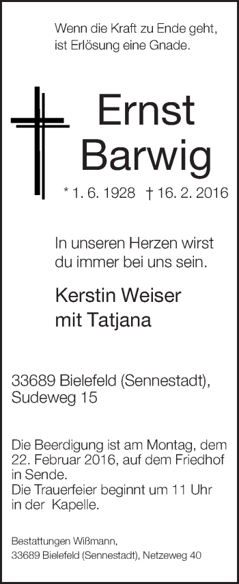 Traueranzeige von Ernst Barwig von Neue Westfälische