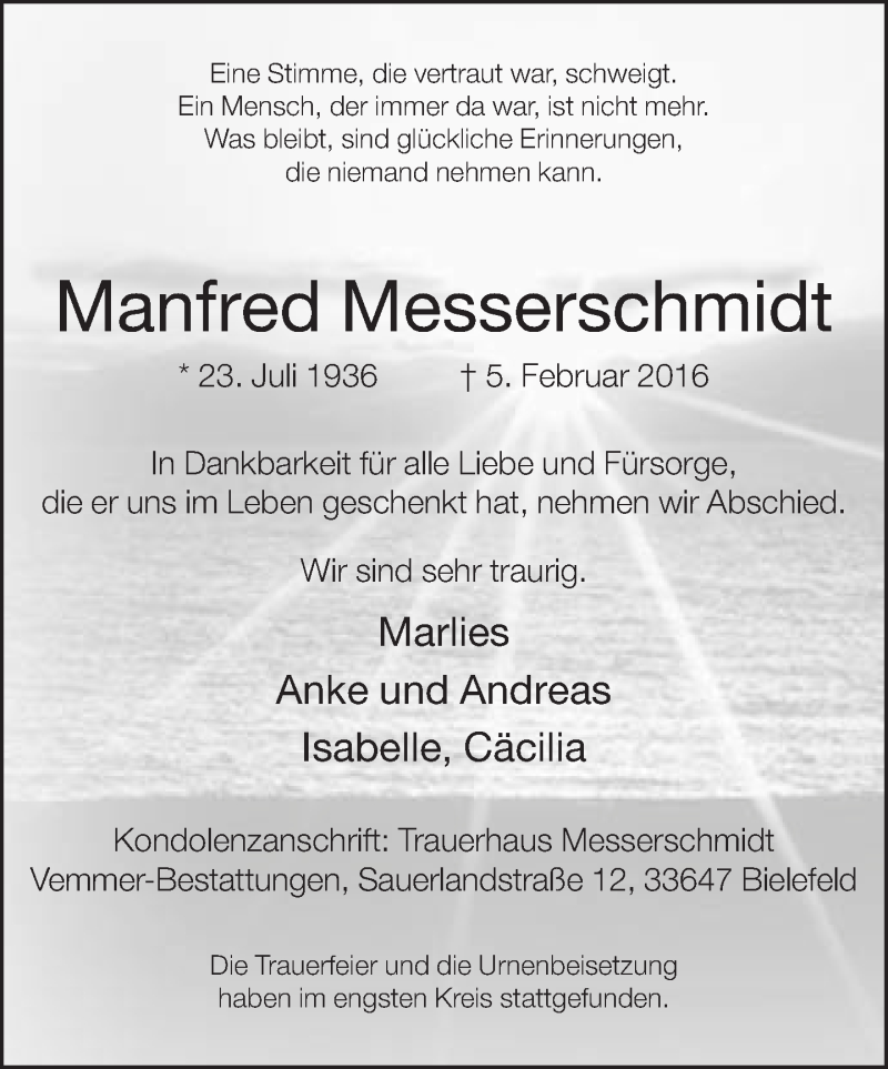  Traueranzeige für Manfred Messerschmidt vom 13.02.2016 aus Neue Westfälische