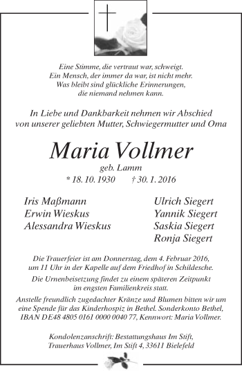 Traueranzeige von Maria Vollmer von Neue Westfälische