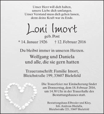 Traueranzeige von Loni Imort von Neue Westfälische