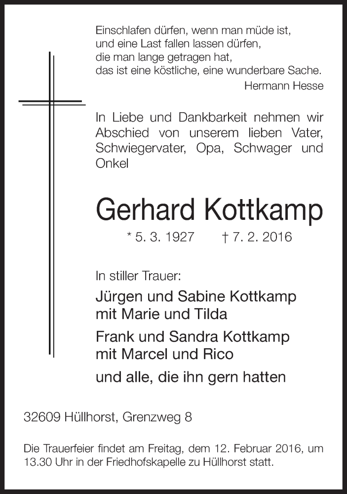  Traueranzeige für Gehard Kottkamp vom 10.02.2016 aus Neue Westfälische