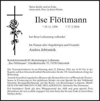 Traueranzeige von Ilse Flöttmann von Neue Westfälische