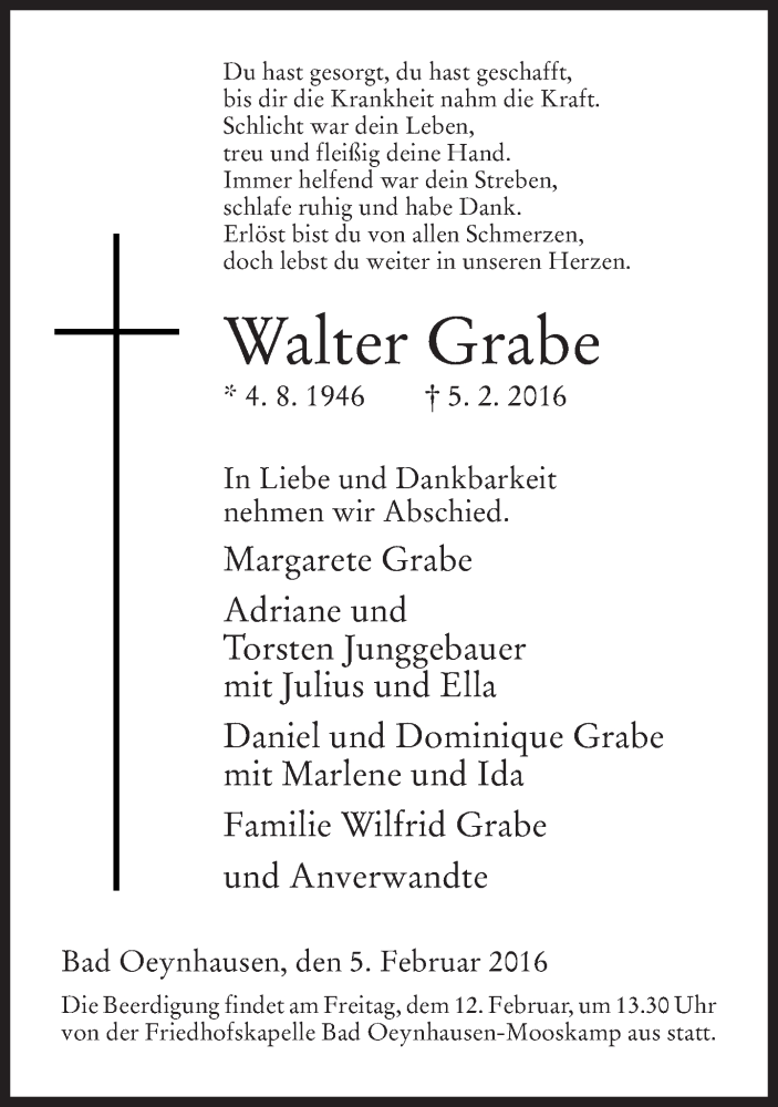  Traueranzeige für Walter Grabe vom 09.02.2016 aus Neue Westfälische