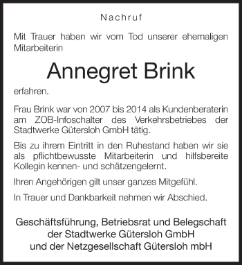 Traueranzeige von Annegret Brink von Neue Westfälische