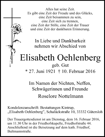 Traueranzeige von Elisabeth Oelenberg von Neue Westfälische