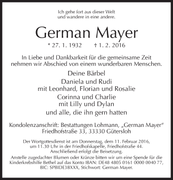 Traueranzeige von German Mayer von Neue Westfälische