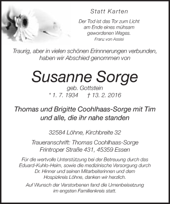 Traueranzeige von Susanne Sorge von Neue Westfälische
