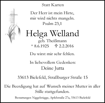 Traueranzeige von Helga Welland von Neue Westfälische