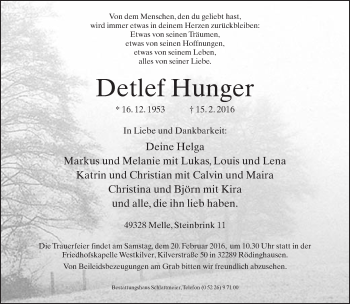 Traueranzeige von Detlef Hunger von Neue Westfälische