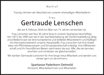 Traueranzeige von Gertraude Lenschen von Neue Westfälische