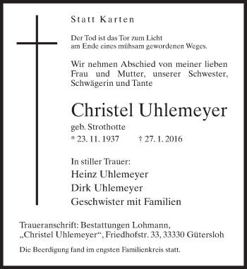 Traueranzeige von Christel Uhlemeyer von Neue Westfälische