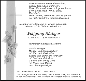 Traueranzeige von Wolfgang Rüdiger von Neue Westfälische