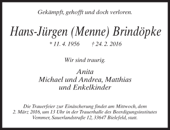 Traueranzeige von Hans-Jürgen  Brindöpke von Neue Westfälische
