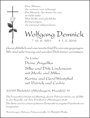 Traueranzeige von Wolfgang Demnick von Neue Westfälische