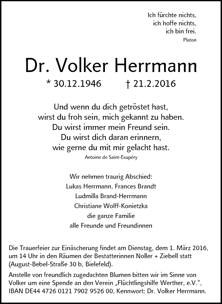  Traueranzeige für Volker Herrmann vom 26.02.2016 aus Neue Westfälische