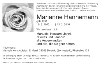 Traueranzeige von Marianne Hannemann von Neue Westfälische