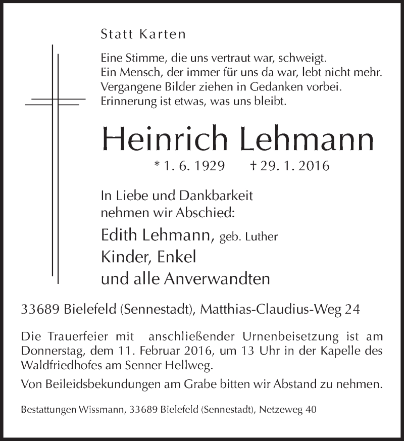 Traueranzeige für Heinrich Lehmann vom 06.02.2016 aus Neue Westfälische