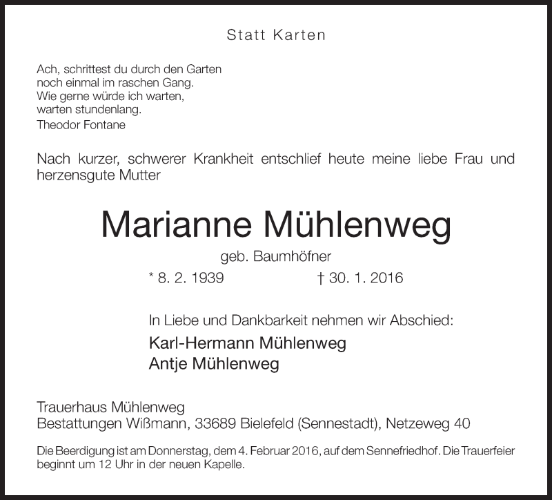  Traueranzeige für Marianne Mühlenweg vom 01.02.2016 aus Neue Westfälische