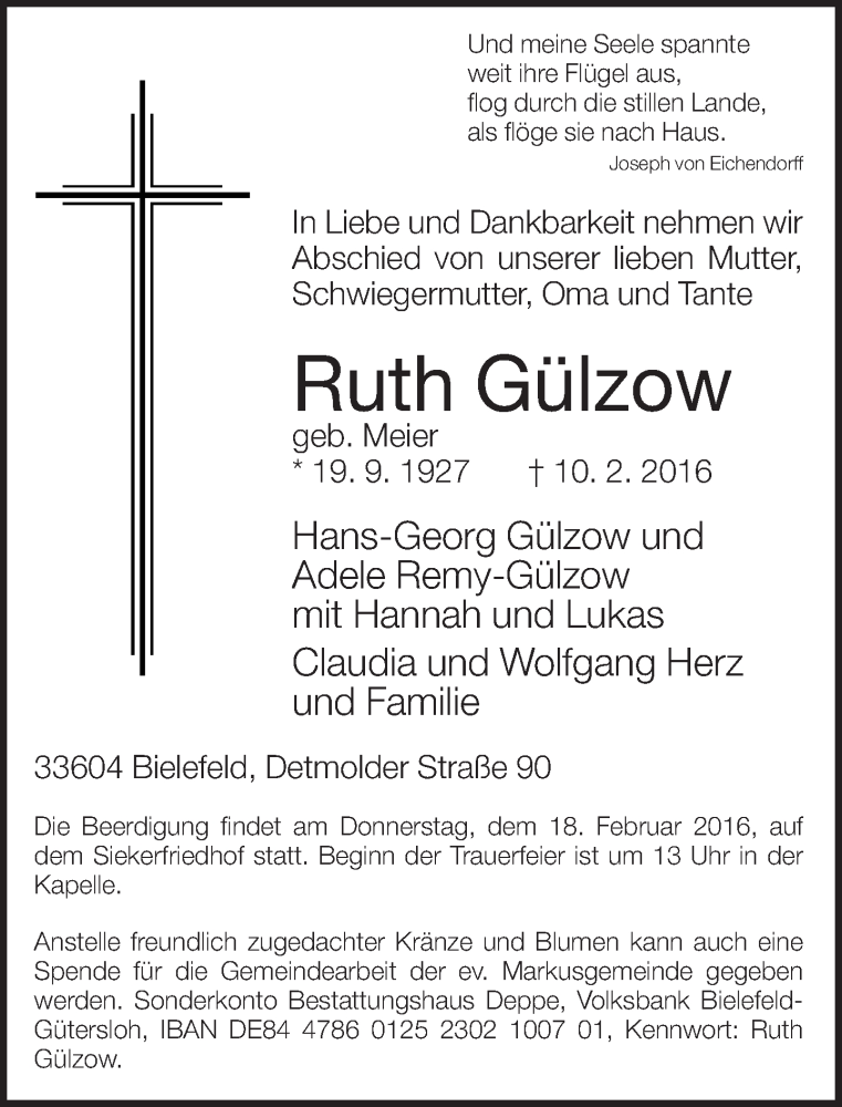  Traueranzeige für Ruth Gülzow vom 12.02.2016 aus Neue Westfälische
