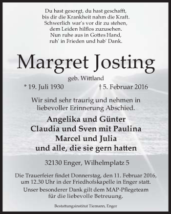 Traueranzeige von Margret Josting von Neue Westfälische