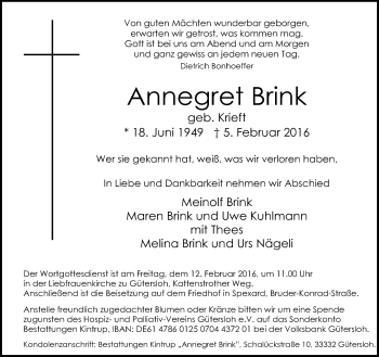 Traueranzeige von Annegret Brink von Neue Westfälische