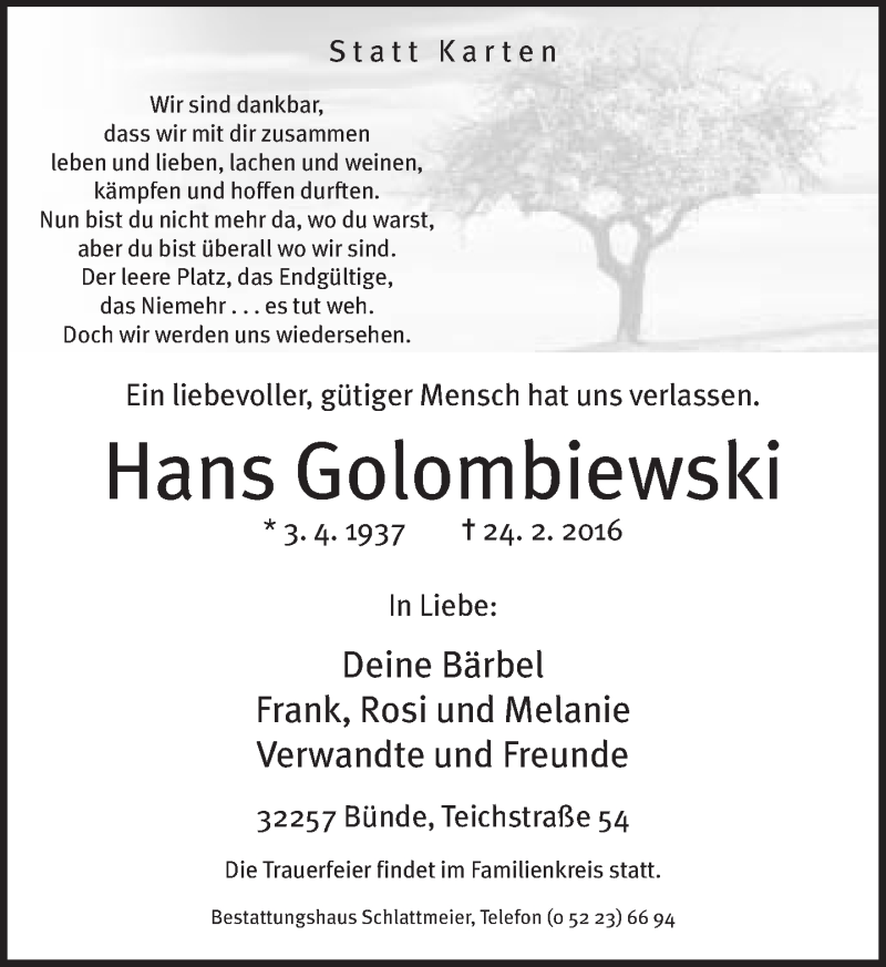  Traueranzeige für Hans Golombiewski vom 25.02.2016 aus Neue Westfälische