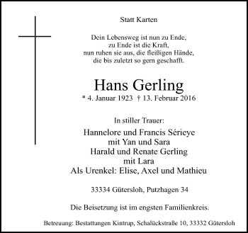 Traueranzeige von Hans Gerling von Neue Westfälische