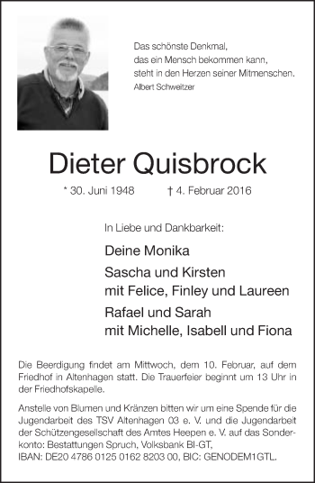 Traueranzeige von Dieter Quisbrock von Neue Westfälische