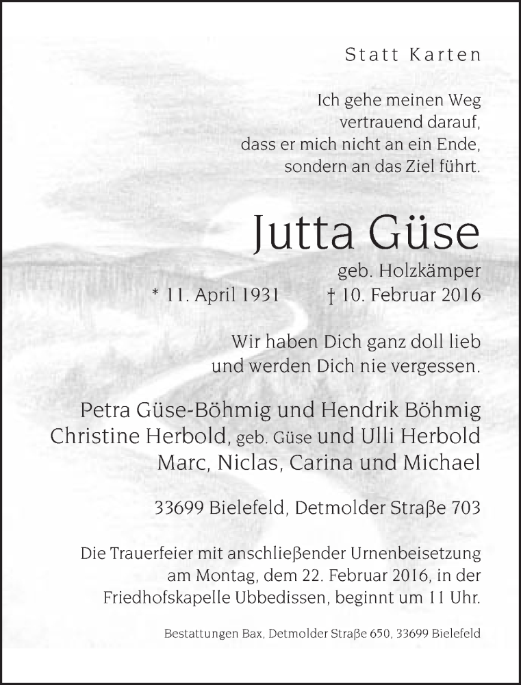  Traueranzeige für Jutta Güse vom 13.02.2016 aus Neue Westfälische