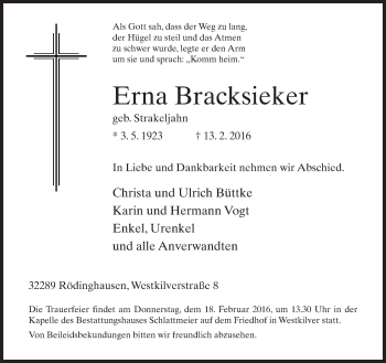 Traueranzeige von Erna Bracksieker von Neue Westfälische