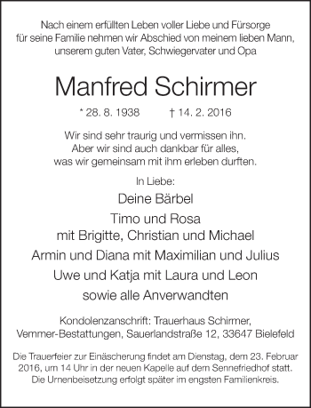 Traueranzeige von Manfred Schirmer von Neue Westfälische