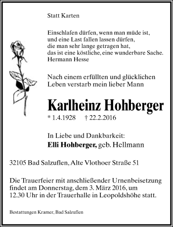 Traueranzeige von Karlheinz Hohberger von Neue Westfälische