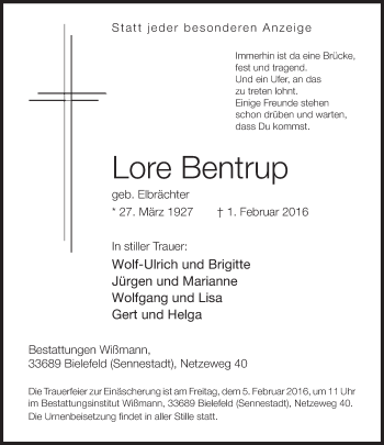 Traueranzeige von Lore Bentrup von Neue Westfälische