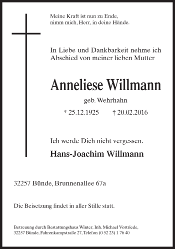 Traueranzeige von Anneliese Willmann von Neue Westfälische