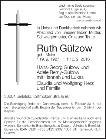Traueranzeige von Ruth Gülzow von Neue Westfälische