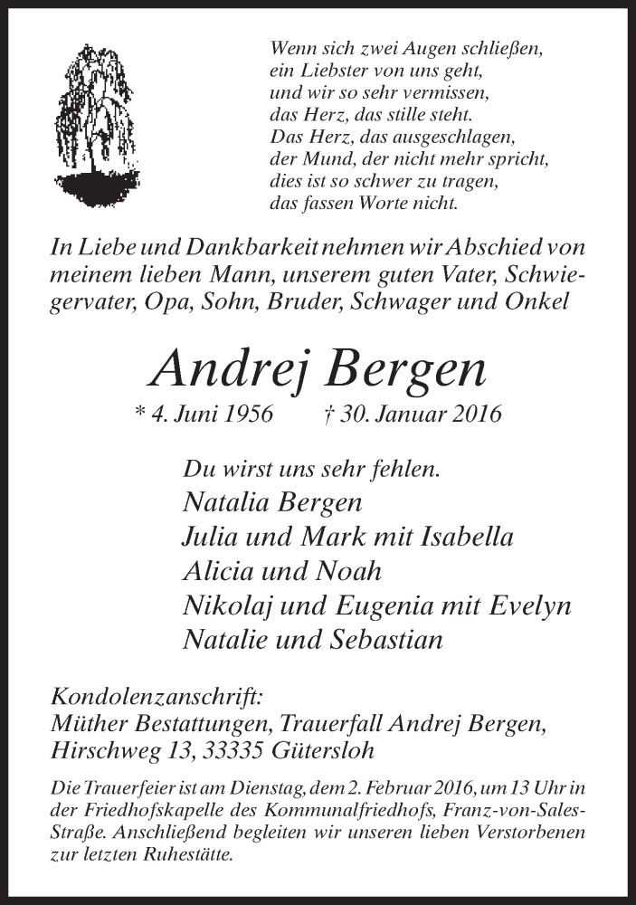  Traueranzeige für Andrej Bergen vom 01.02.2016 aus Neue Westfälische