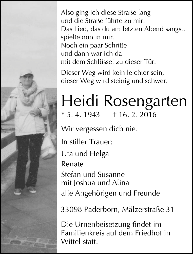  Traueranzeige für Heidi Rosengarten vom 20.02.2016 aus Neue Westfälische