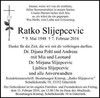 Traueranzeige von Ratko Slijepcevic von Neue Westfälische