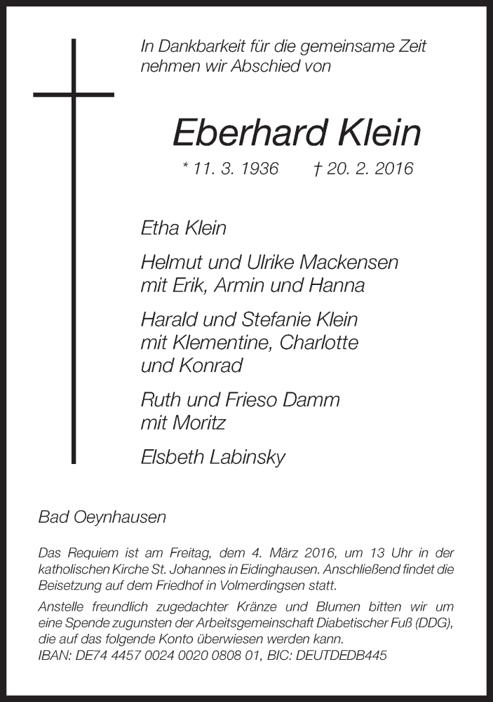  Traueranzeige für Eberhard Klein vom 27.02.2016 aus Neue Westfälische