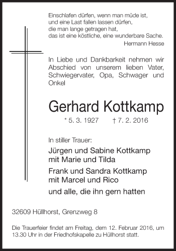 Traueranzeige von Gehard Kottkamp von Neue Westfälische