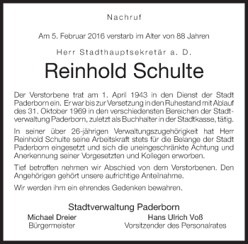 Traueranzeige von Reinhold Schulte von Neue Westfälische