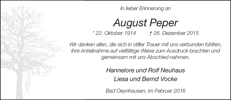  Traueranzeige für August Peper vom 10.02.2016 aus Neue Westfälische
